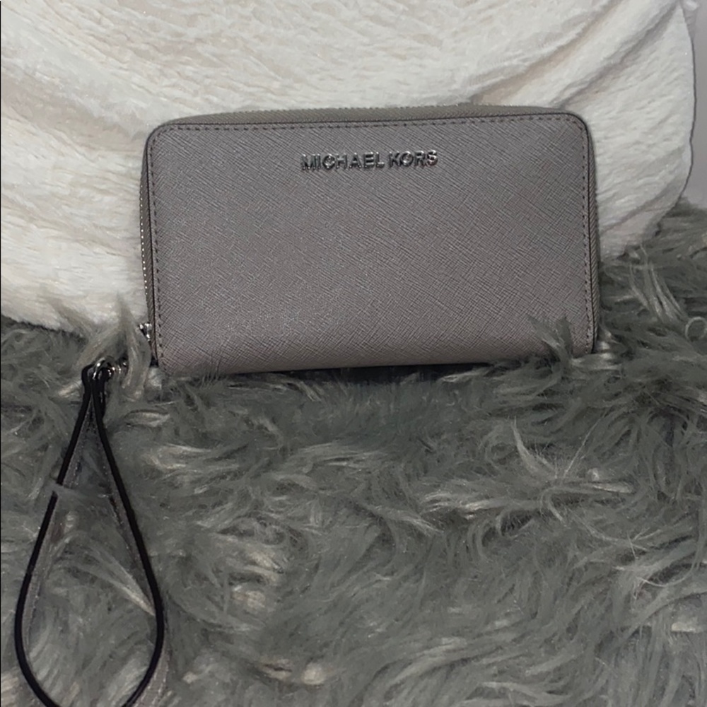 Michael Kors Gray Saffiano Leather Zip Wallet Wristlet